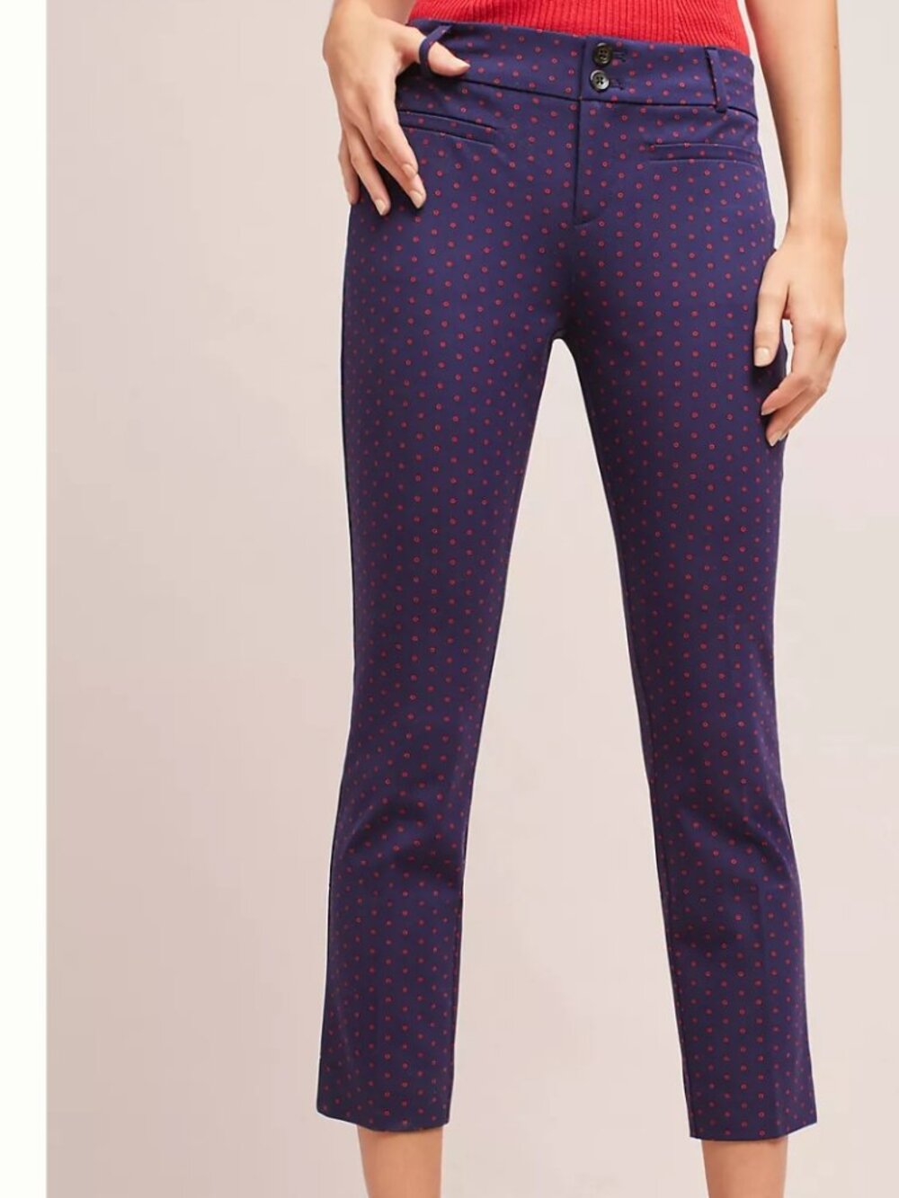 Anthropologie The essential Slim Crop Pants Navy With Red Dots Size US 12